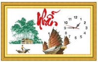 DLH-222858 Tranh thêu đồng hồ Chữ NHẪN, thuyền, cây đa, làng quê 70X43 cm