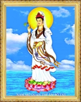 Tranh điện Phật bà Quan Âm đứng trên hoa sen 26x35