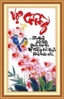 DLH-222592 Tranh thêu chữ thập VỢ CHỒNG hoa lan, chim  …sơn thủy hữu tình xuân bất tận, vợ chồng hòa thuận phúc trăm năm  46x72cm