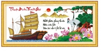 DLH-222918 Tranh thêu THUẬN BUỒM XUÔI GIÓ thuyền vàng, hạc, sen, tùng Nhất phàm phong thuận niên niên hảo, vạn sự như ý bộ bộ cao 116x54 cm